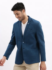 Men Solid Teal Single Breasted Blazer-EX-Metty-Teal