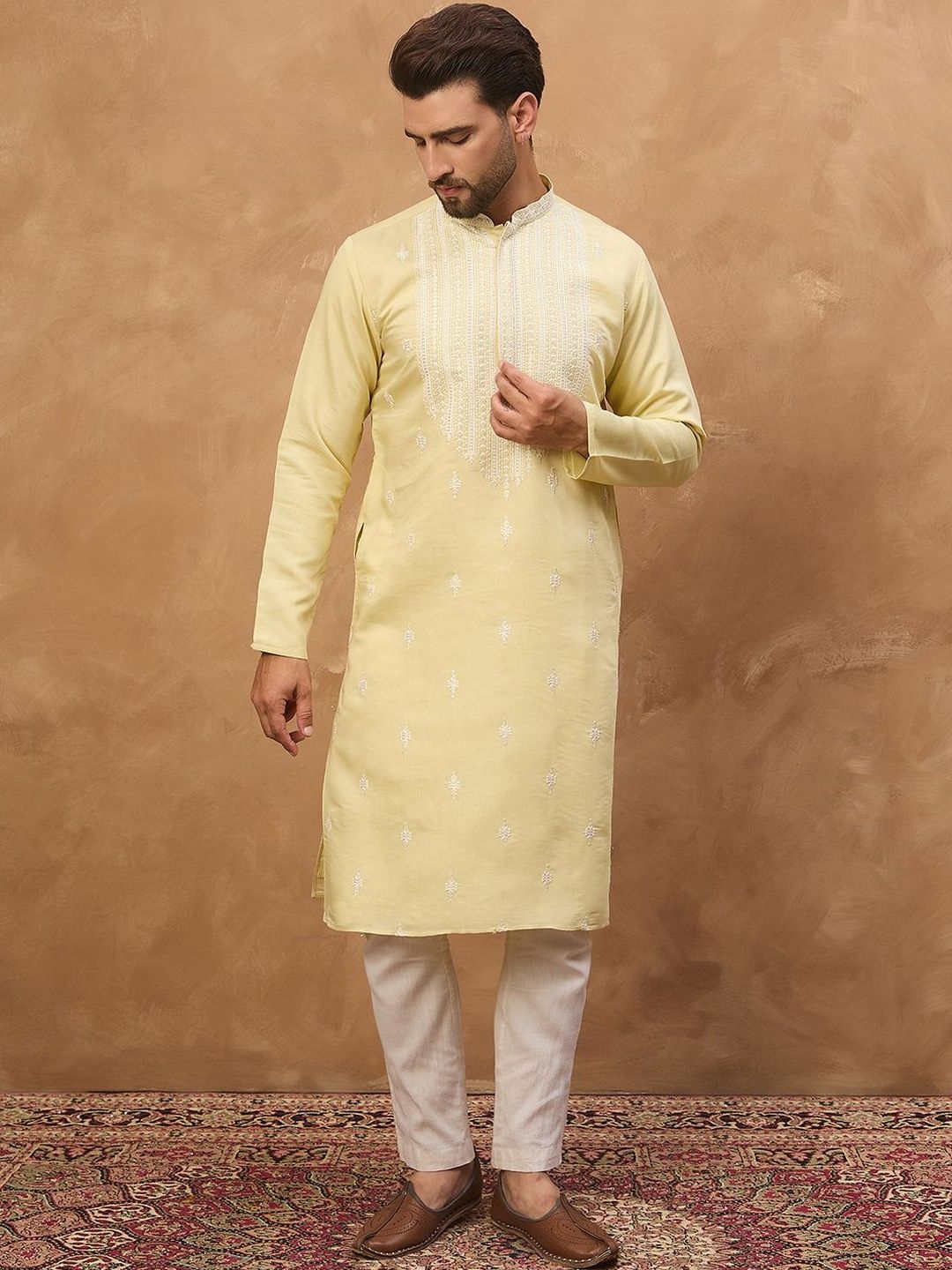 Ethnic Bay Men Yellow Silk Blend Solid Embroidered Straight Kurta With Pant Set-MKSET1509