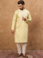 Ethnic Bay Men Yellow Silk Blend Solid Embroidered Straight Kurta With Pant Set-MKSET1509
