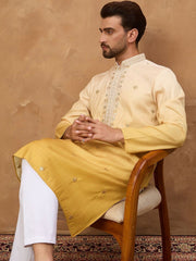 Ethnic Bay Men Yellow Silk Blend Solid Embroidered Straight Kurta With Pant Set-MKSET1486