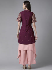 Rose Pink Crepe Kurta Palazzos Set With Burgundy Jacket-AHKUPZJK-COMBO-338