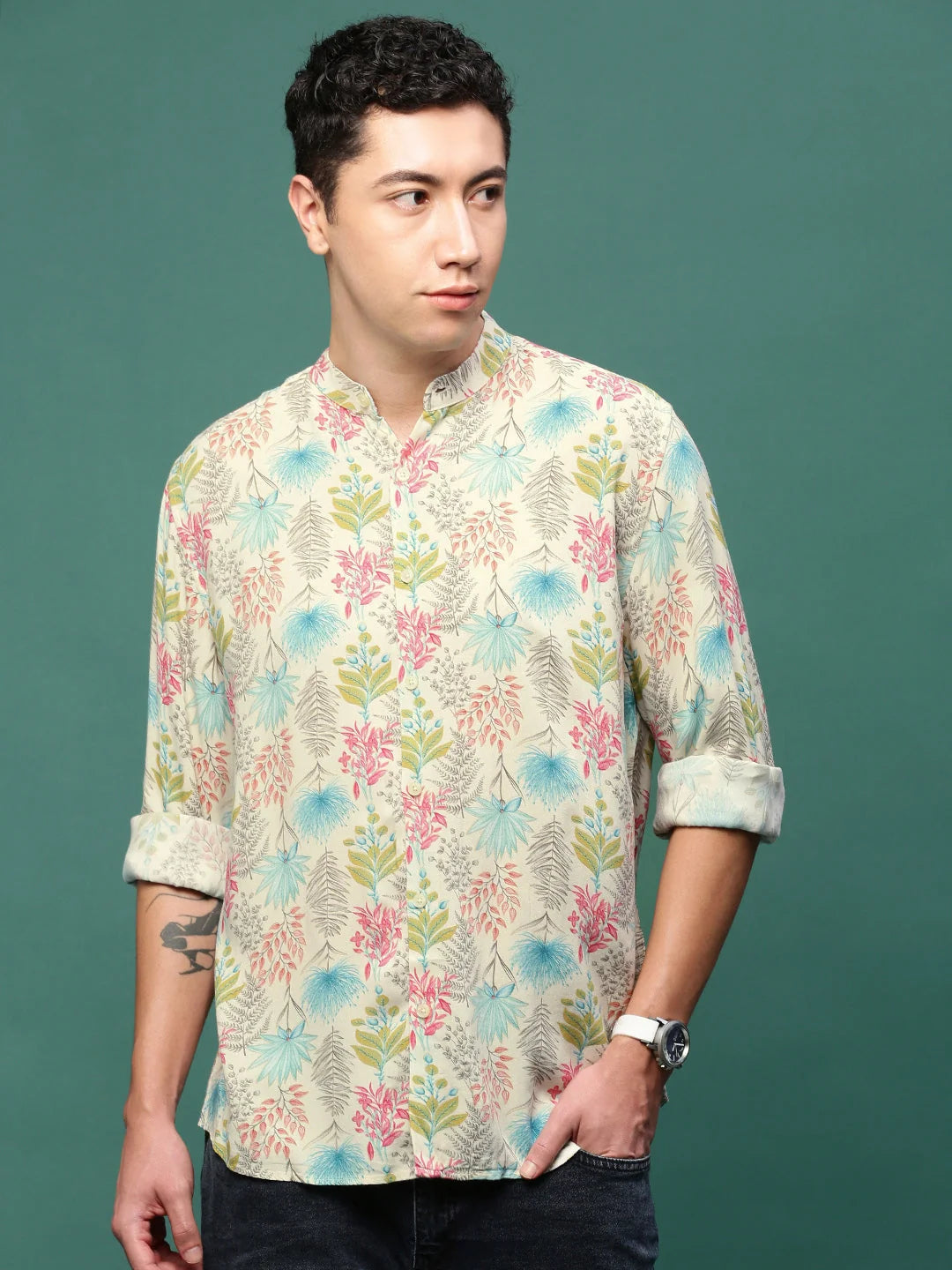 Trending Cream Floral Print Slim Fit Shirt | DesiQlo Men's Cotton Shirt