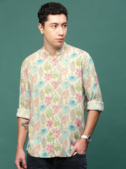 Men Cream Floral Slim Fit Shirt-Esau-3198-Cream