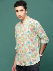 Men Cream Floral Slim Fit Shirt-Esau-3198-Cream