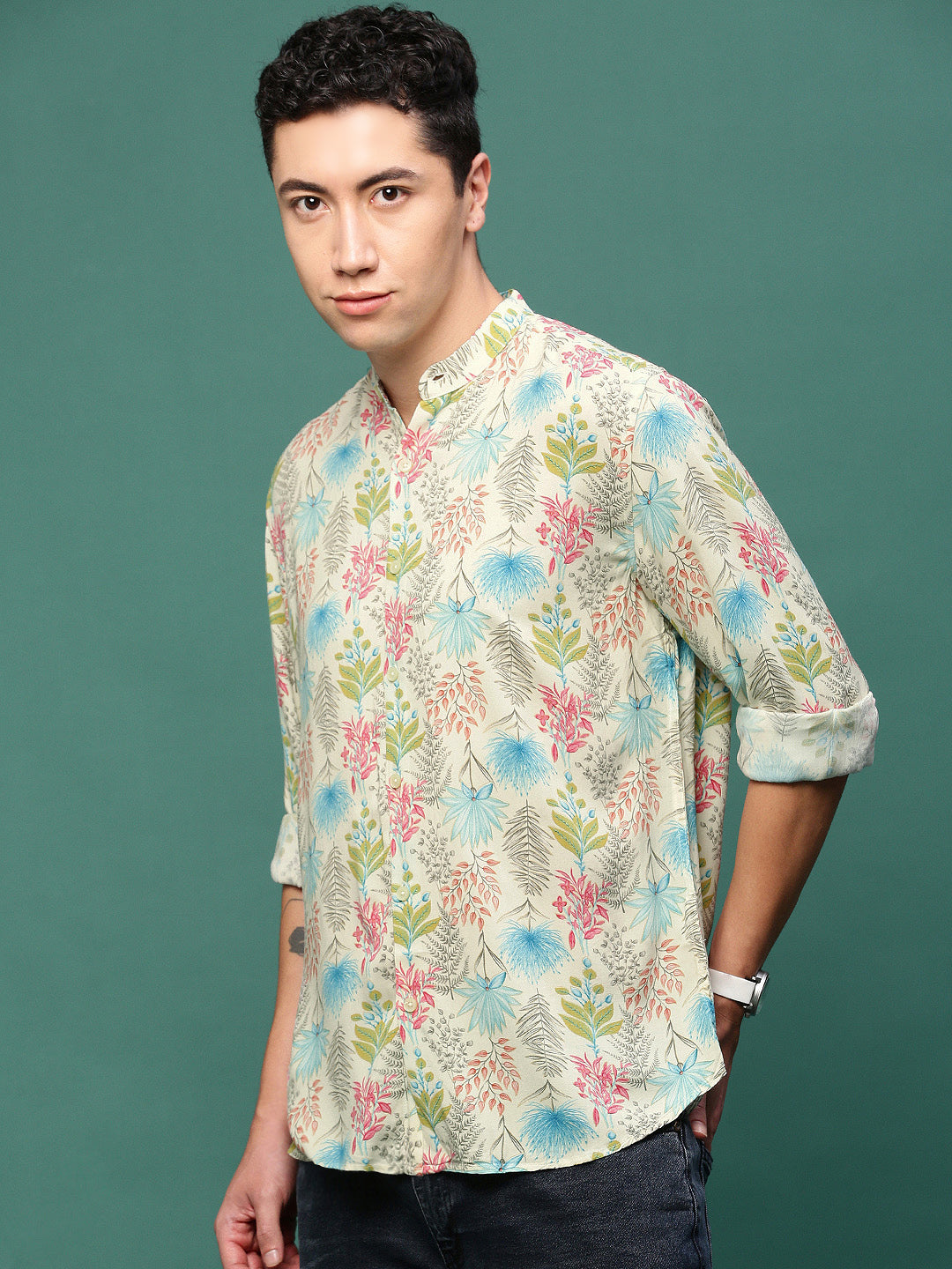 Cream Floral Print Slim Fit Shirt | DesiQlo Men's Cotton Shirt 