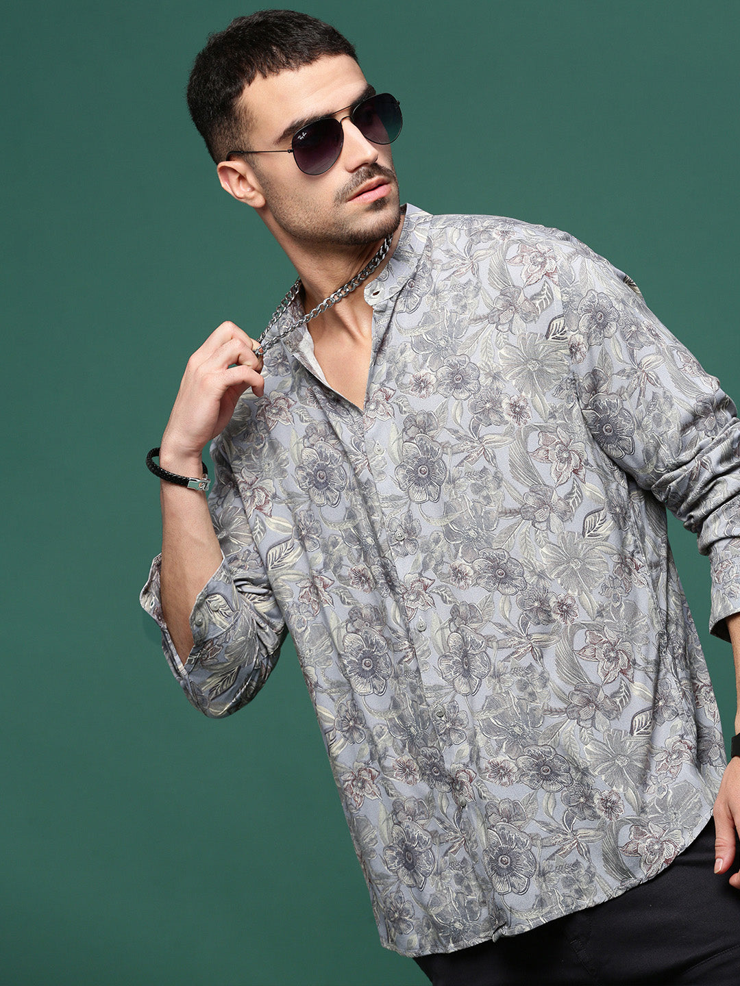 Men's Grey Floral Cotton Printed Shirt | Slim Fit Shirts