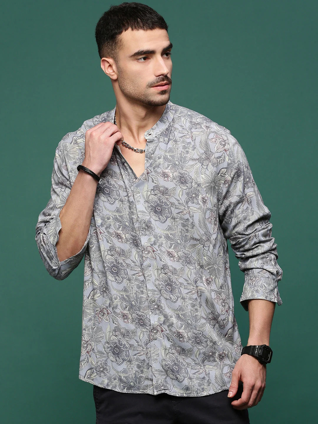 Men's Grey Floral Cotton Printed Shirt | Slim Fit Shirts