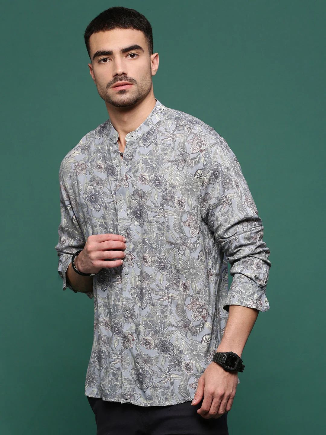 Men's Grey Floral Cotton Printed Shirt | Slim Fit Shirts