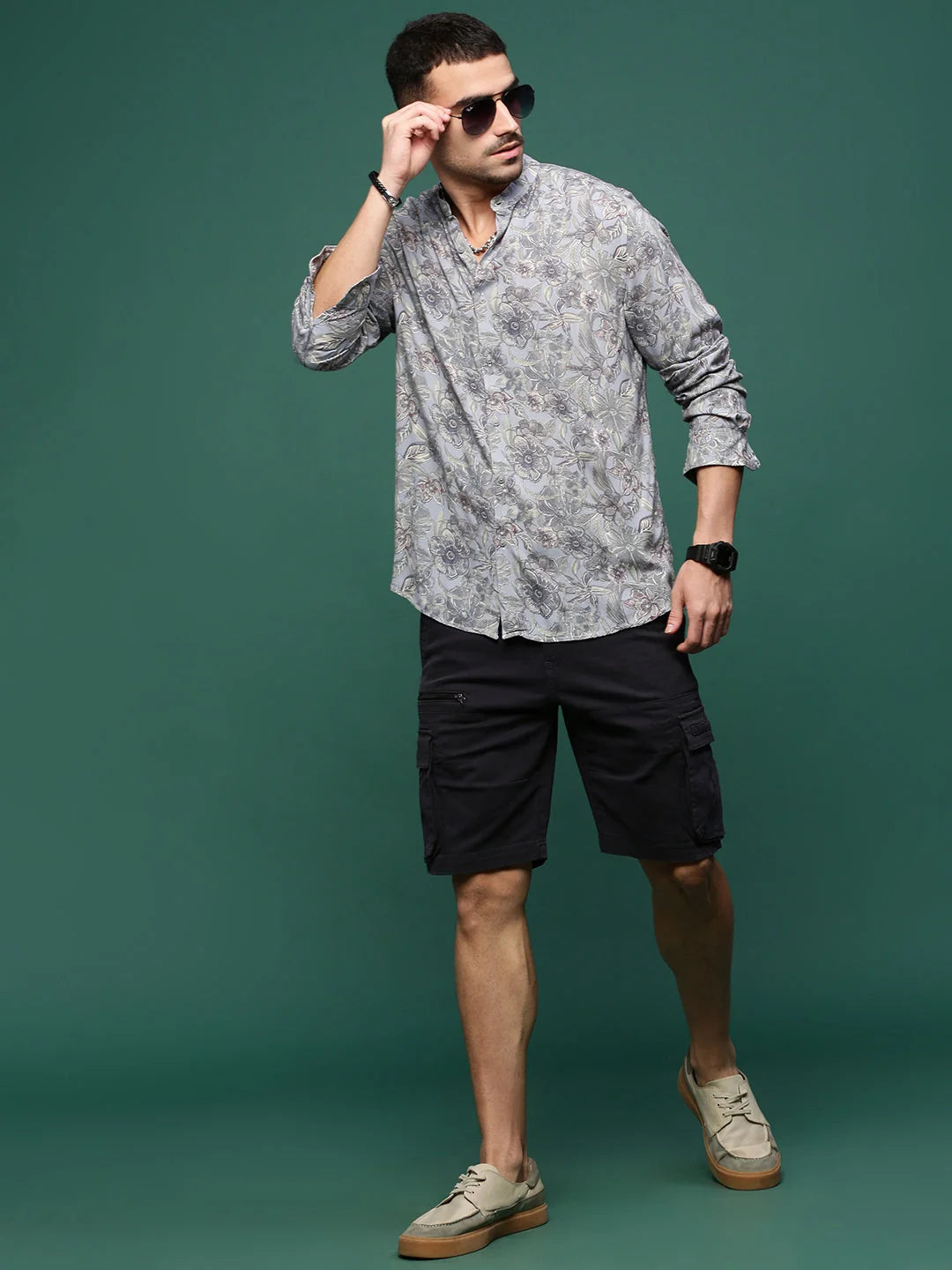 Men's Grey Floral Cotton Printed Shirt | Slim Fit Shirts