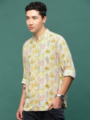 Men Cream Floral Slim Fit Shirt-Esau-3200-Cream