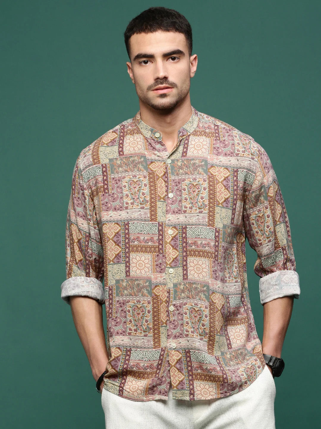 Men's Brown Graphic Cotton Shirt | Slim Fit Printed Shirt