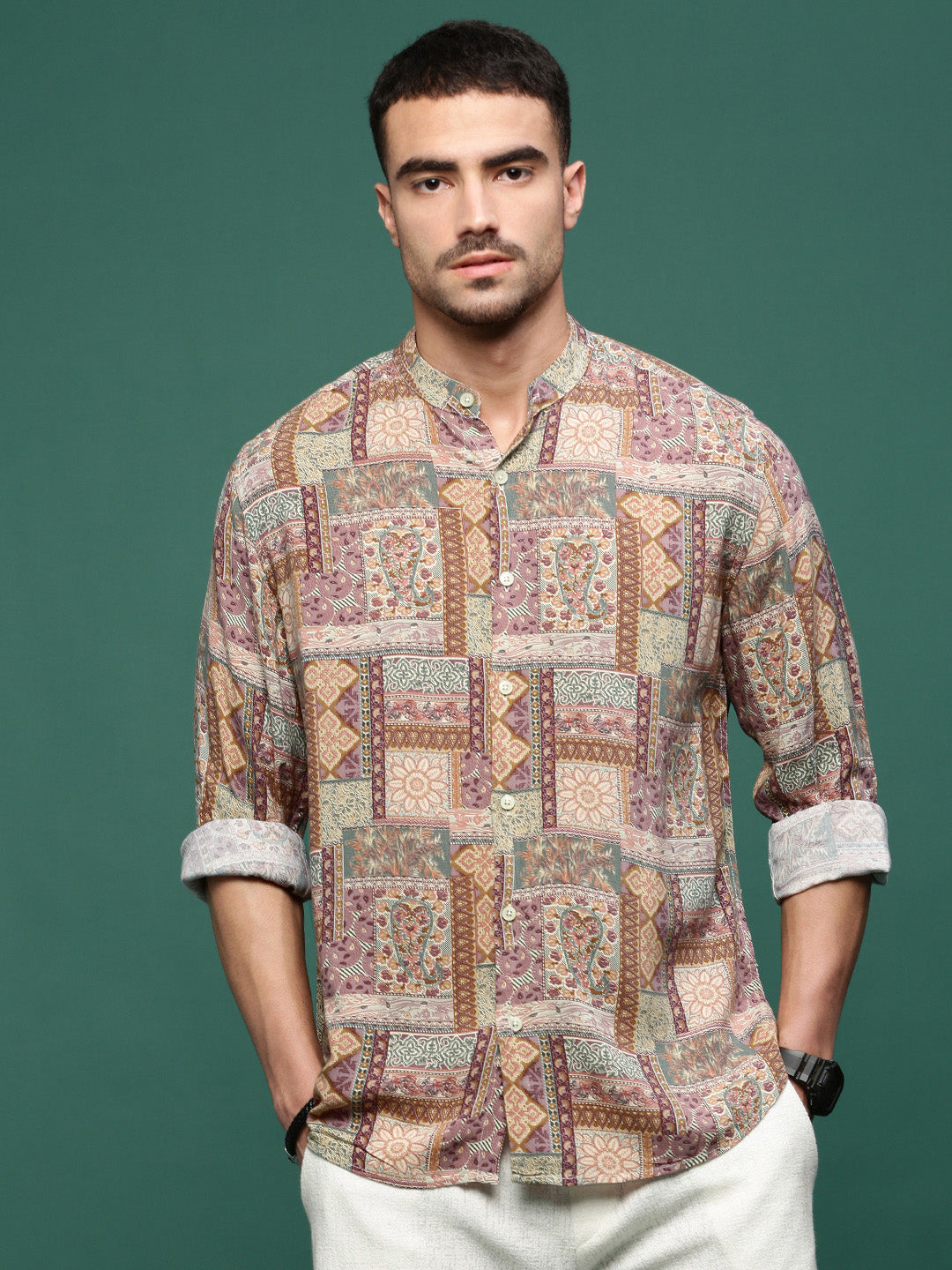Men's Brown Graphic Cotton Shirt | Slim Fit Printed Shirt