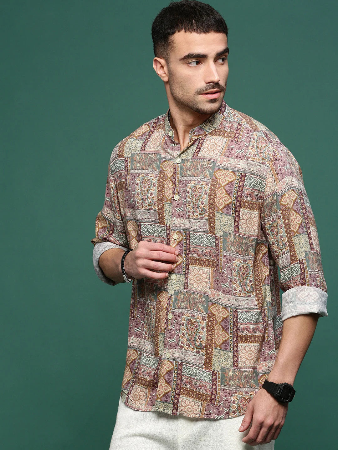 Men's Brown Graphic Cotton Shirt | Slim Fit Printed Shirt