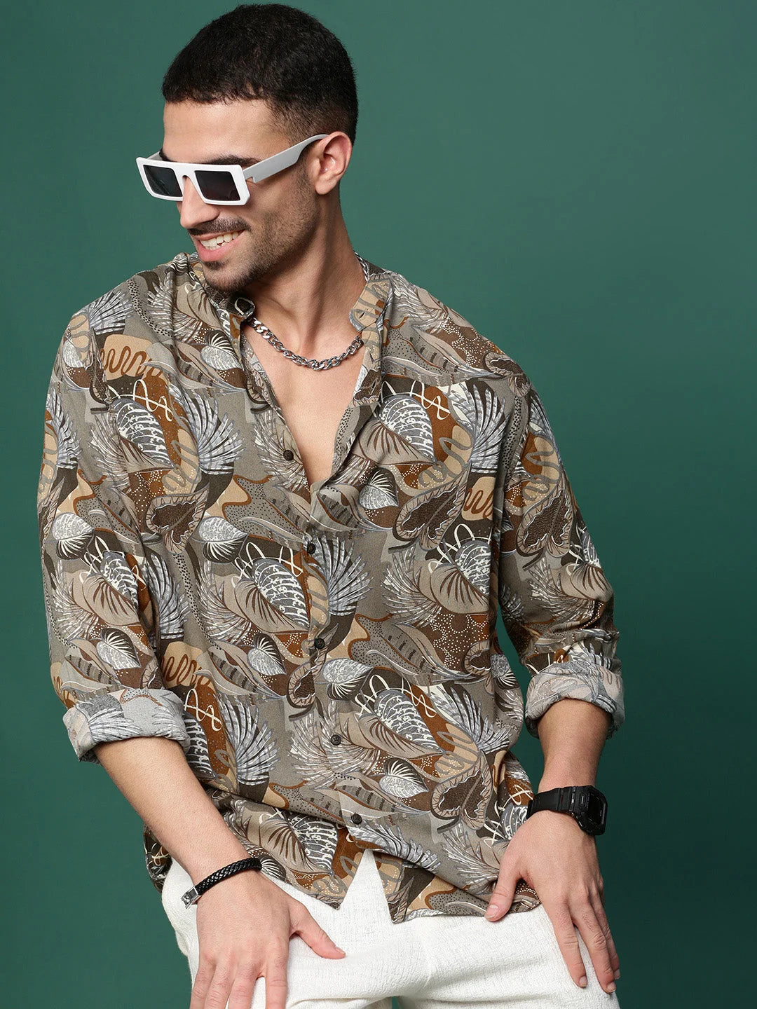 Men's Olive Floral Cotton Printed Shirt | Slim Fit Shirts