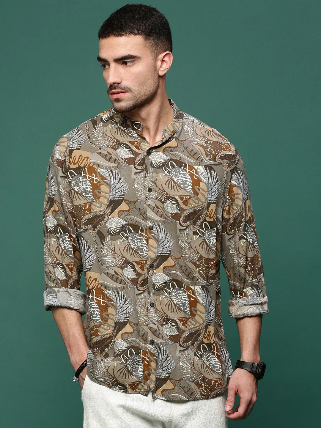 Men's Olive Floral Cotton Printed Shirt | Slim Fit Shirts