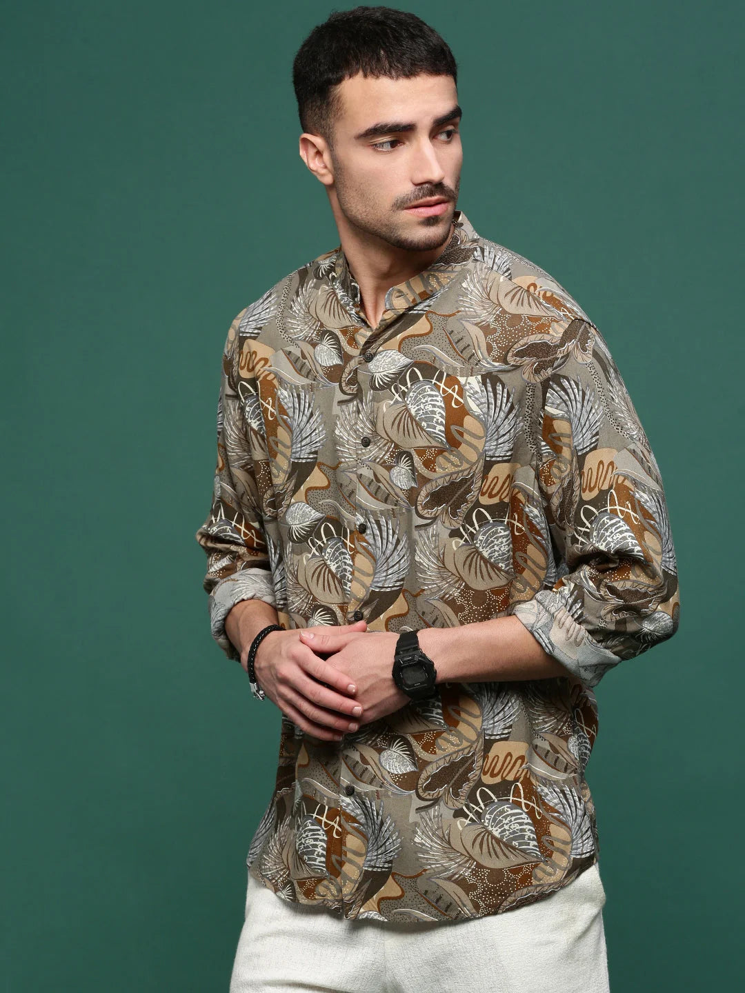 Men's Olive Floral Cotton Printed Shirt | Slim Fit Shirts