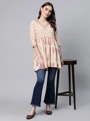 Beige Pure Cotton Printed Tunic-AHTUCOPG-8071