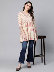 Beige Pure Cotton Printed Tunic-AHTUCOPG-8071
