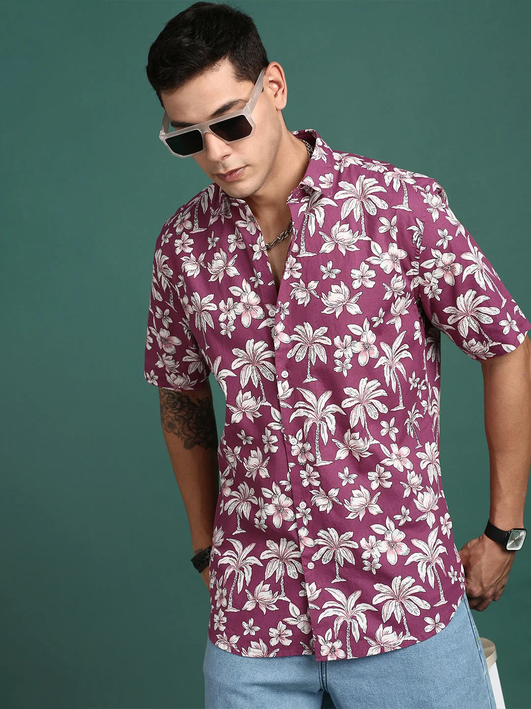 Floral Pink Slim Fit Mens Shirt | Printed Shirt by DesiQlo