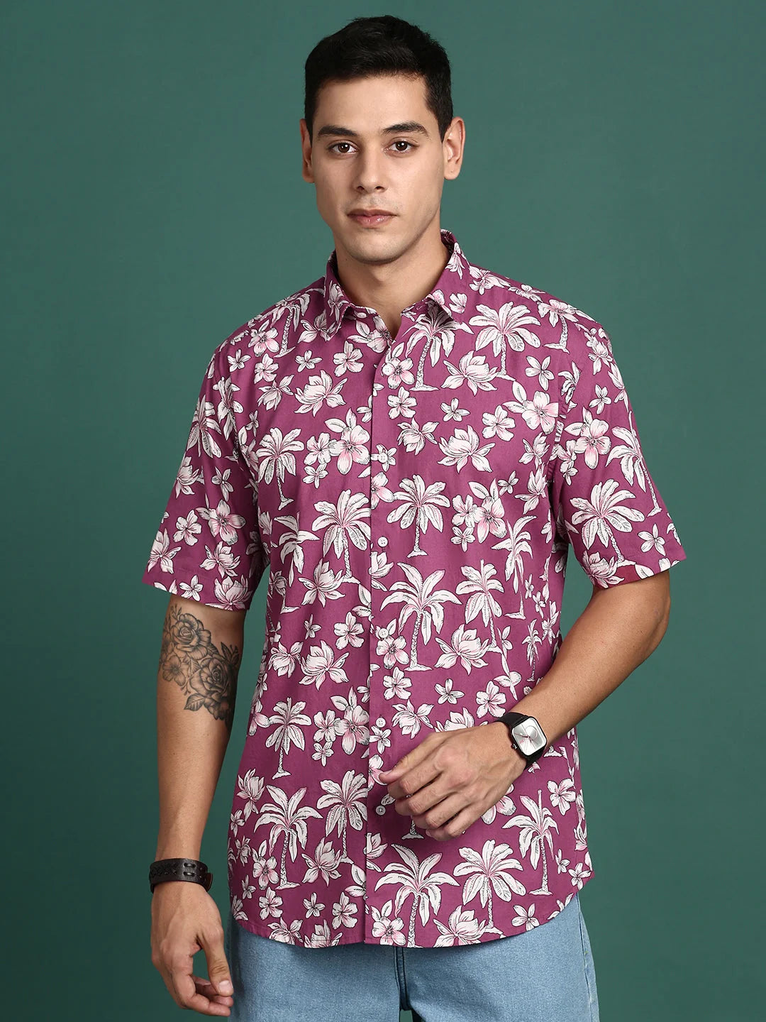 Floral Pink Slim Fit Mens Shirt | Printed Shirt by DesiQlo