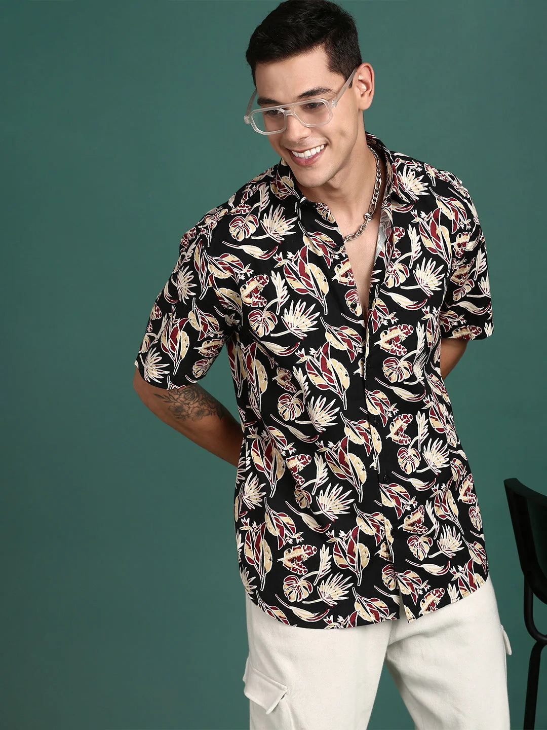 Floral Black Cotton Mens Shirt | Slim Fit Printed Shirt