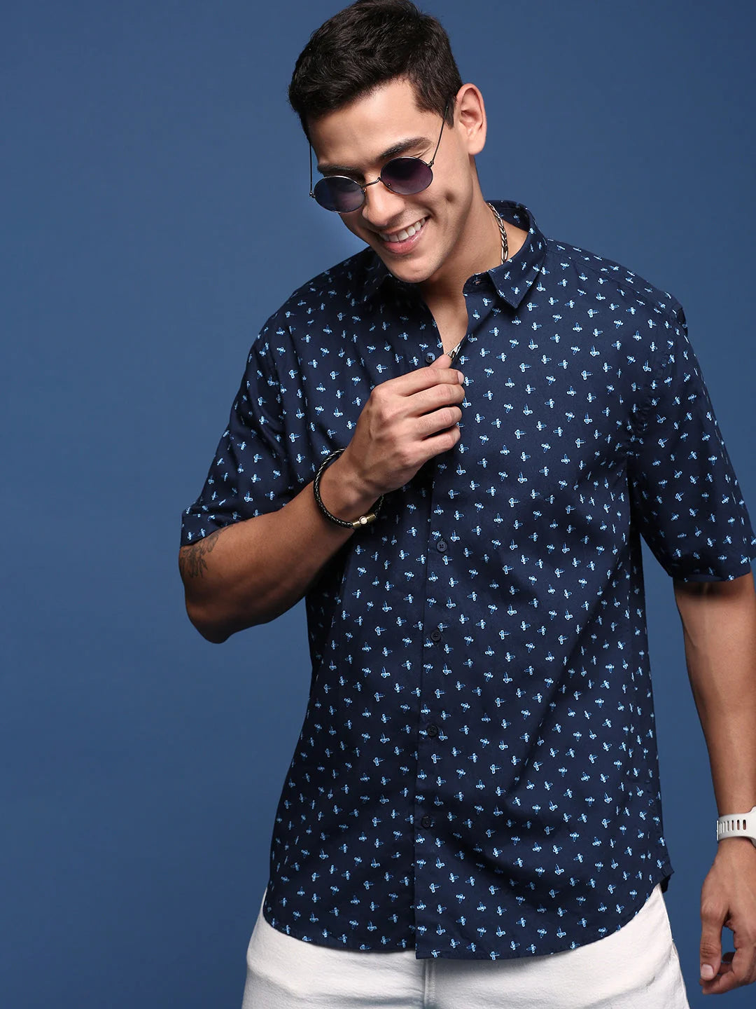 Abstract Navy Blue Cotton Mens Shirt | Slim Fit DesiQlo