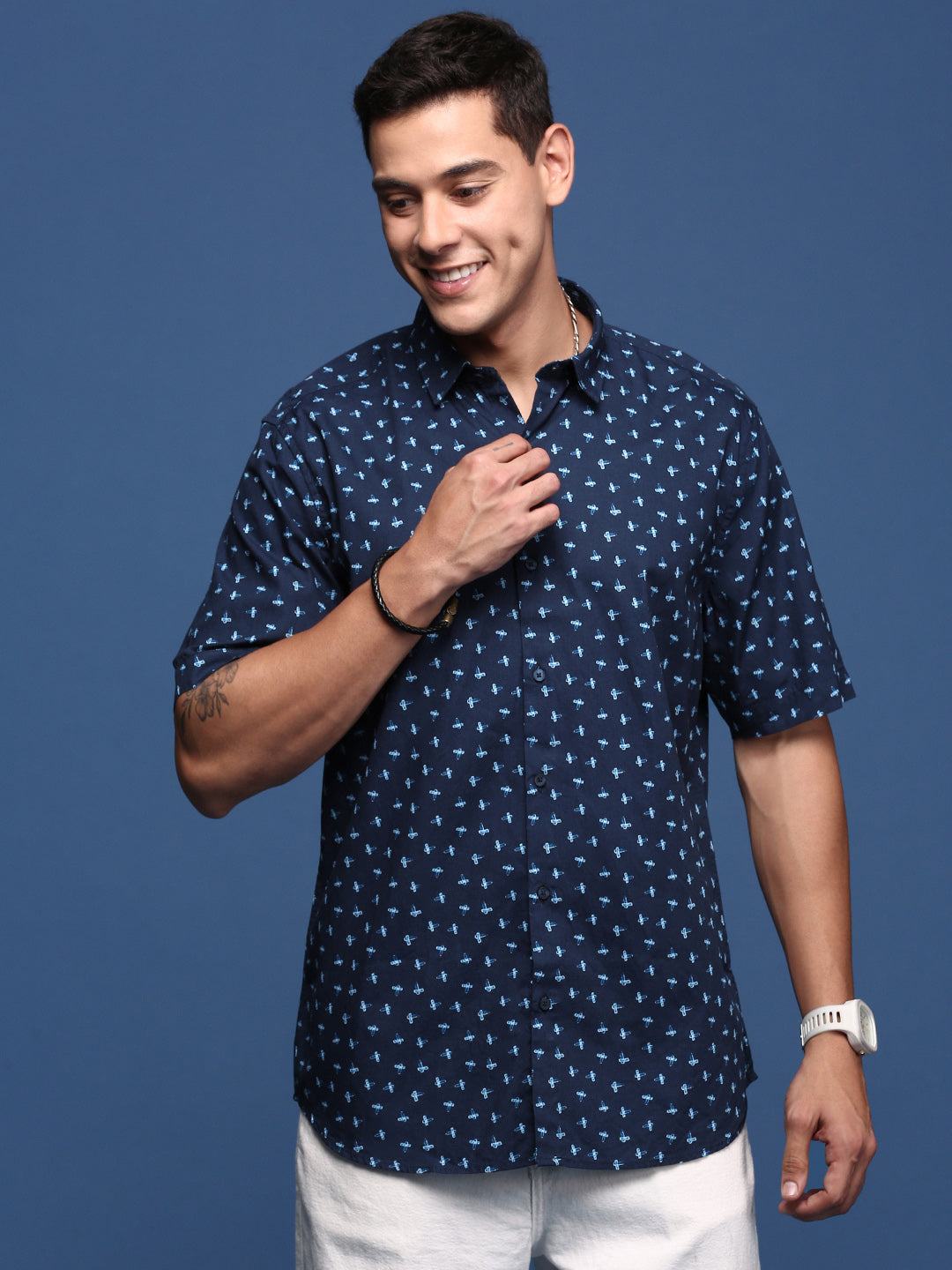 Abstract Navy Blue Cotton Mens Shirt | Slim Fit DesiQlo