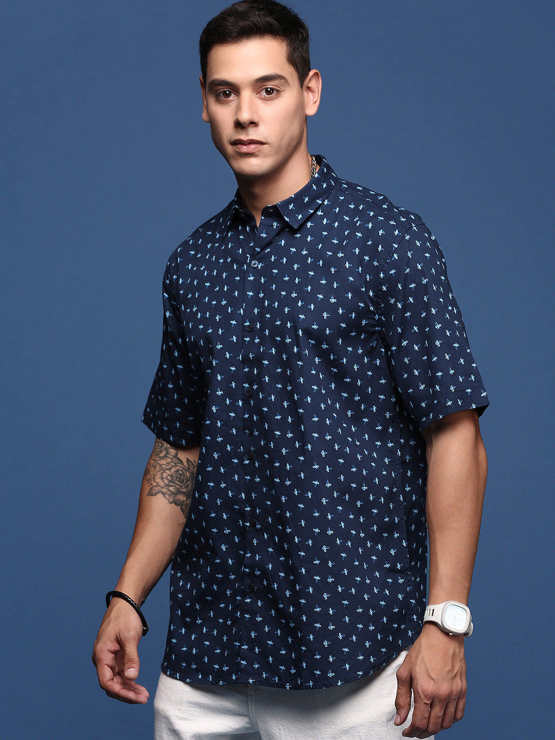 Abstract Navy Blue Cotton Mens Shirt | Slim Fit DesiQlo