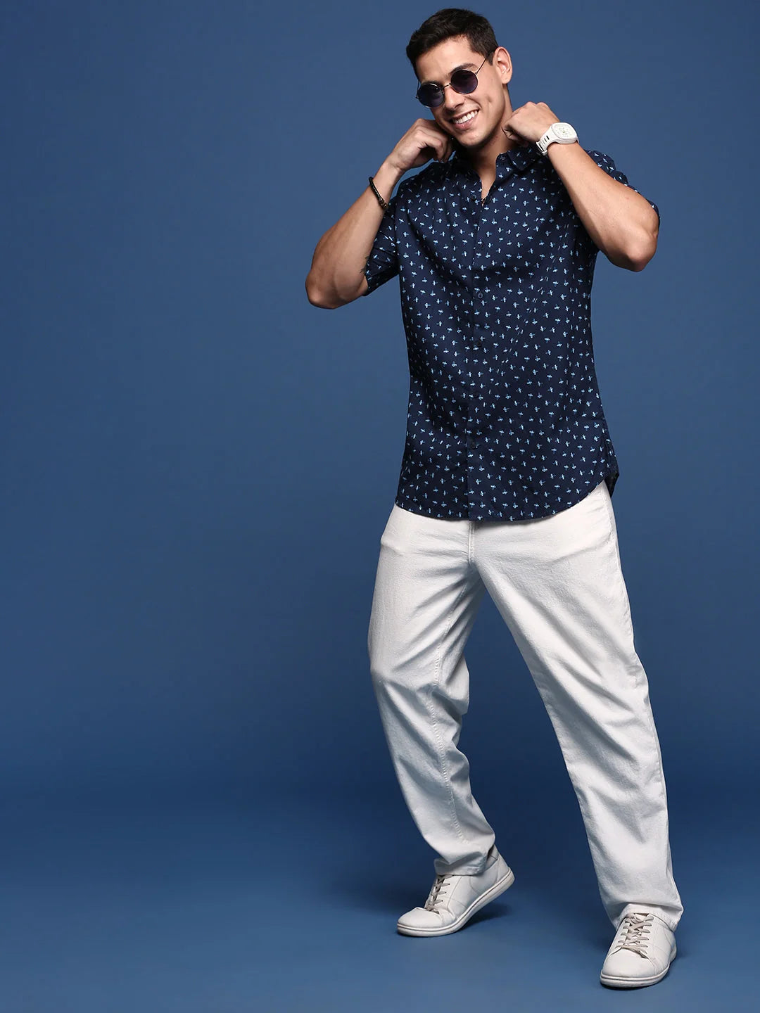 Abstract Navy Blue Cotton Mens Shirt | Slim Fit DesiQlo