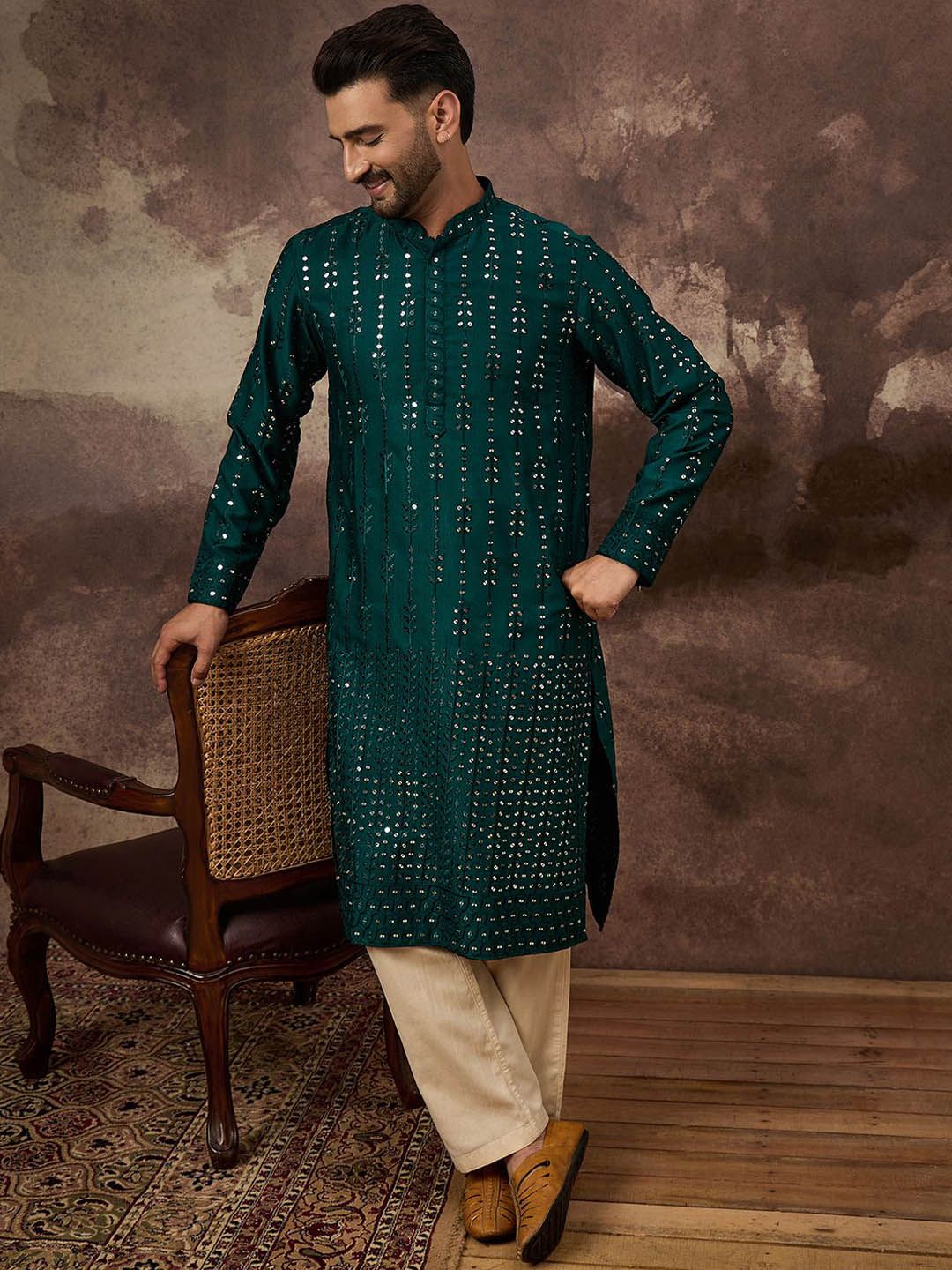 Ethnic Bay Men Teal Silk Blend Solid Embroidered Straight Kurta With Pant Set-MKSET1357