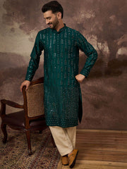 Ethnic Bay Men Teal Silk Blend Solid Embroidered Straight Kurta With Pant Set-MKSET1357