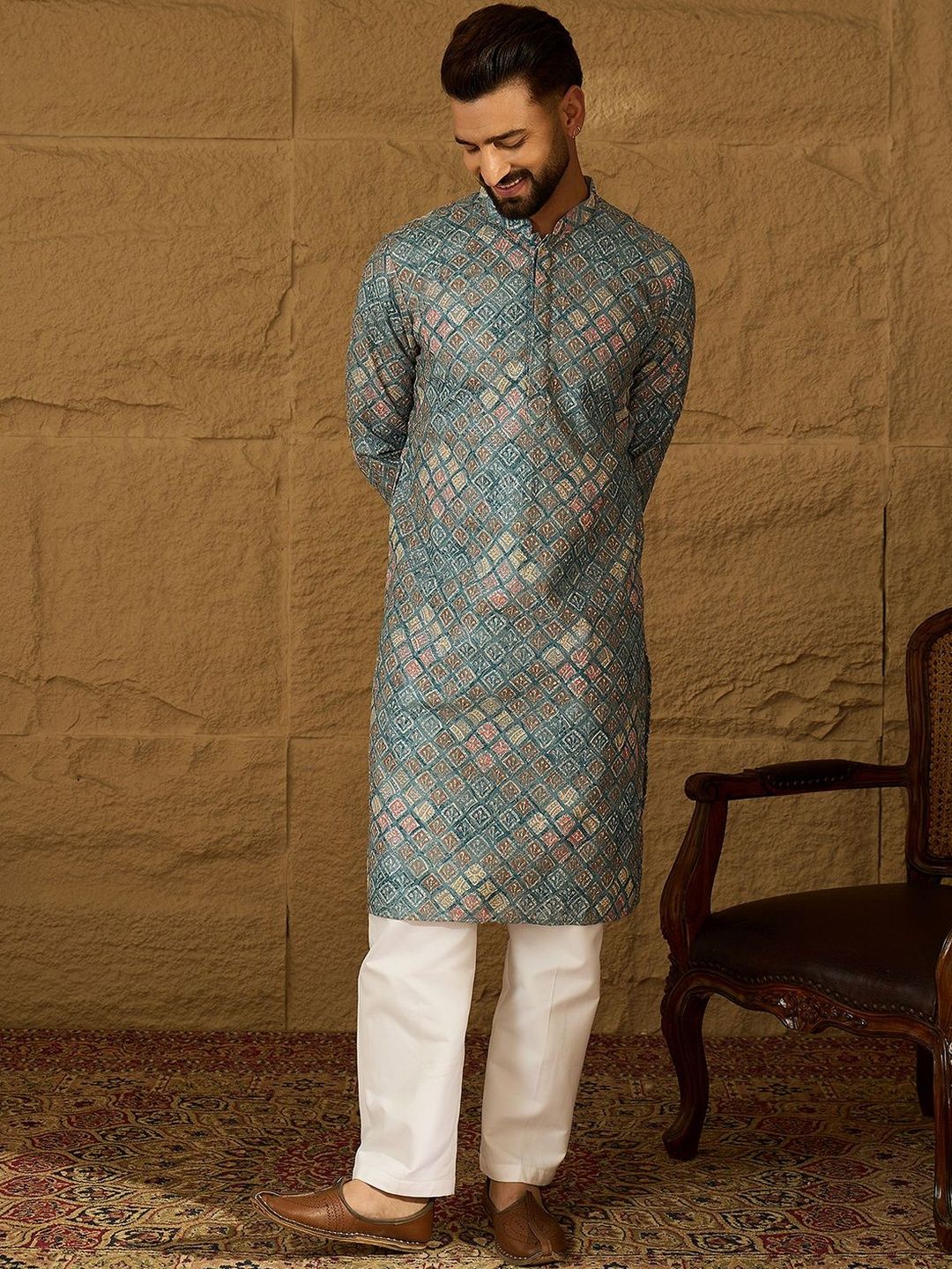 Ethnic Bay Men Blue Viscose Rayon Solid Embroidered Straight Kurta With Pant Set-MKSET1391