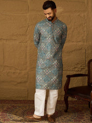 Ethnic Bay Men Blue Viscose Rayon Solid Embroidered Straight Kurta With Pant Set-MKSET1391