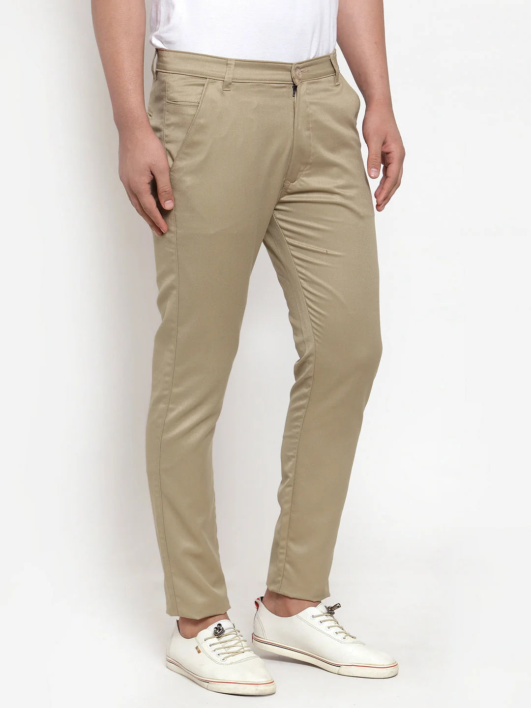 Beige Slim Fit Formal Trousers - Indian Needle Cotton Pants