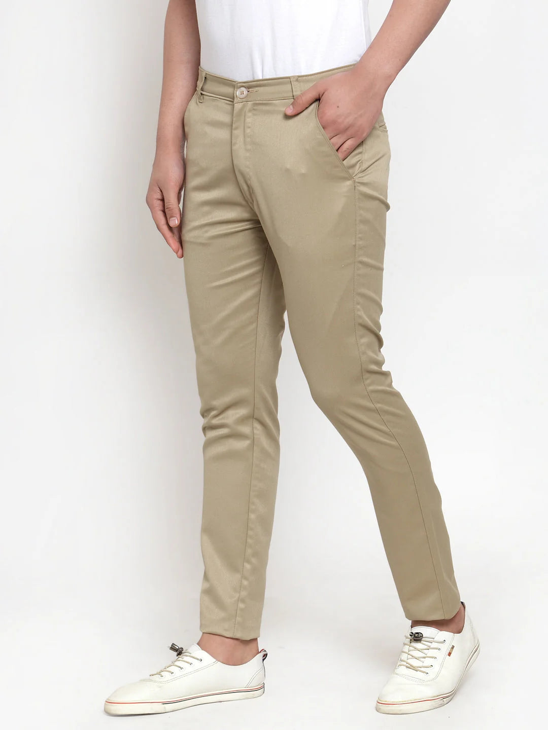 Beige Slim Fit Formal Trousers - Indian Needle Cotton Pants