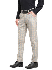 Indian Needle Men's Beige Cotton Solid Formal Trousers