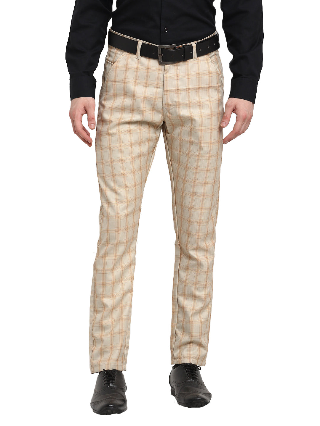DesiQlo Men's Cream Cotton Checked Formal Trousers ( FGP 267Cream )