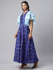 Royal Blue Poly Silk Gold Paste Printed Dress-AHDRPSGP-931-FF