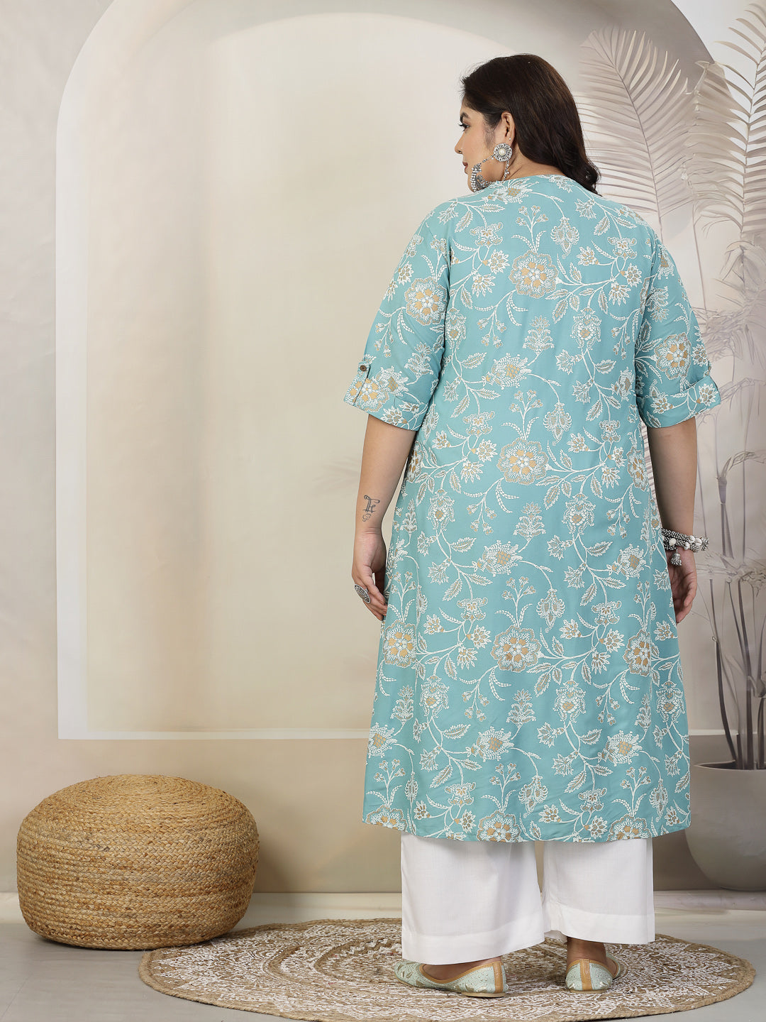 Plus Size Women Floral Print Rayon A-Line Kurta (FIONAAQUAPLUS) | Desi