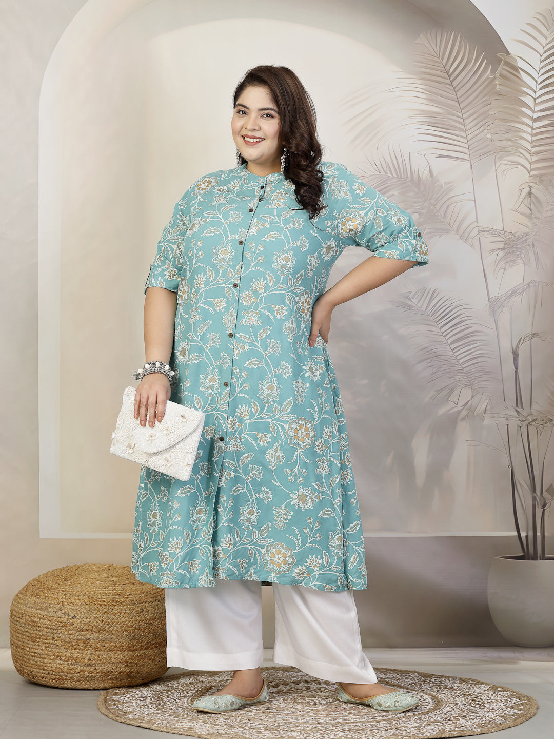 Plus Size Women Floral Print Rayon A-Line Kurta (FIONAAQUAPLUS) | Desi