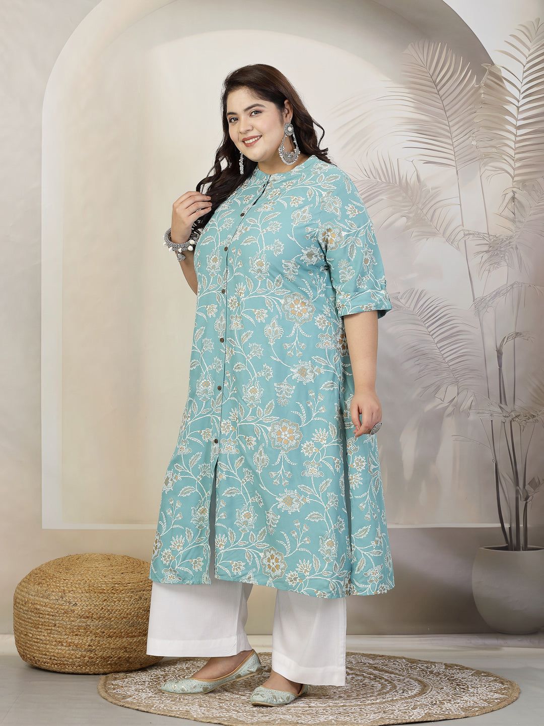 Plus Size Women Floral Print Rayon A-Line Kurta (FIONAAQUAPLUS) | Desi