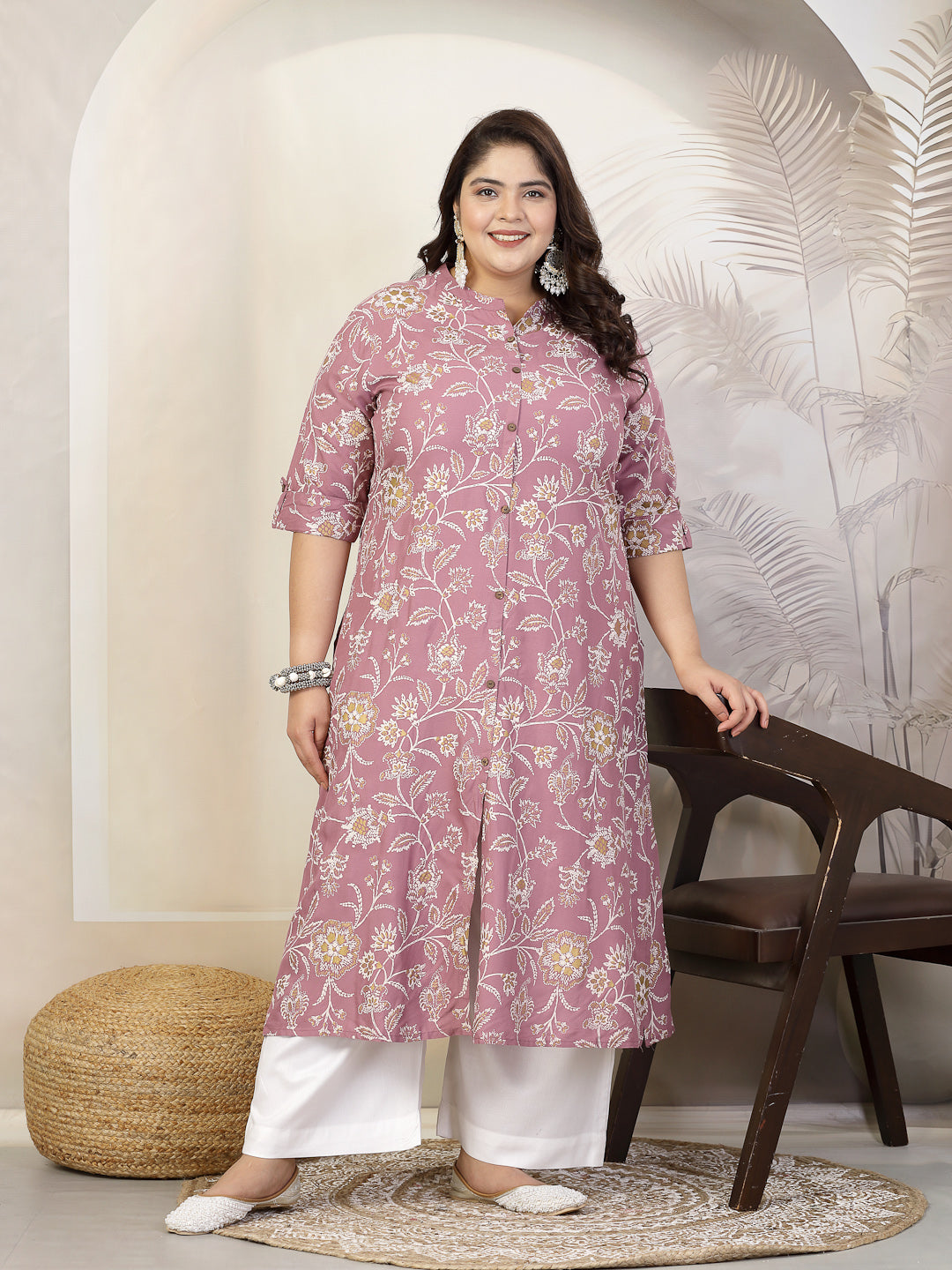 Plus Size Women Floral Print Rayon A-Line Kurta (FIONAMAUVEPLUS) | Des