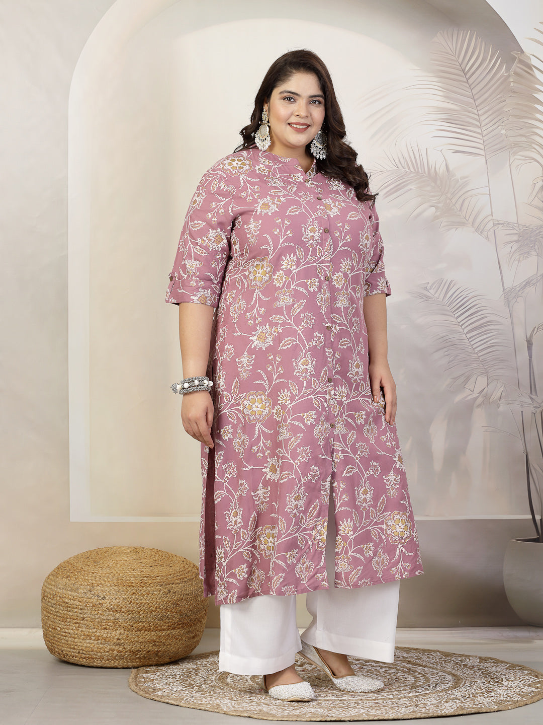 Plus Size Women Floral Print Rayon A-Line Kurta (FIONAMAUVEPLUS) | Des