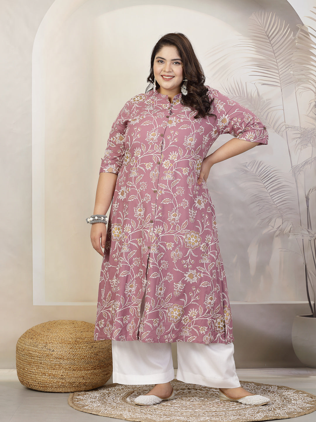 Plus Size Women Floral Print Rayon A-Line Kurta (FIONAMAUVEPLUS) | Des