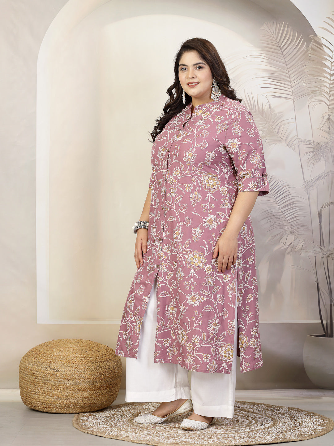 Plus Size Women Floral Print Rayon A-Line Kurta (FIONAMAUVEPLUS) | Des