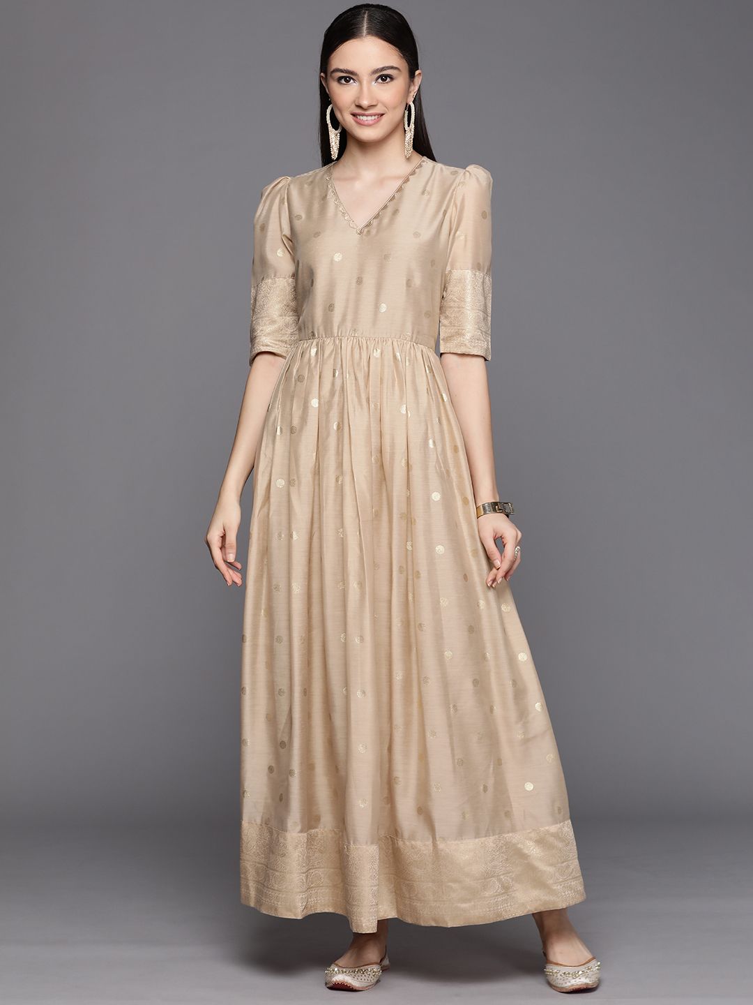 Beige Chanderi Gold Foil Dress | Indian Dresses Online