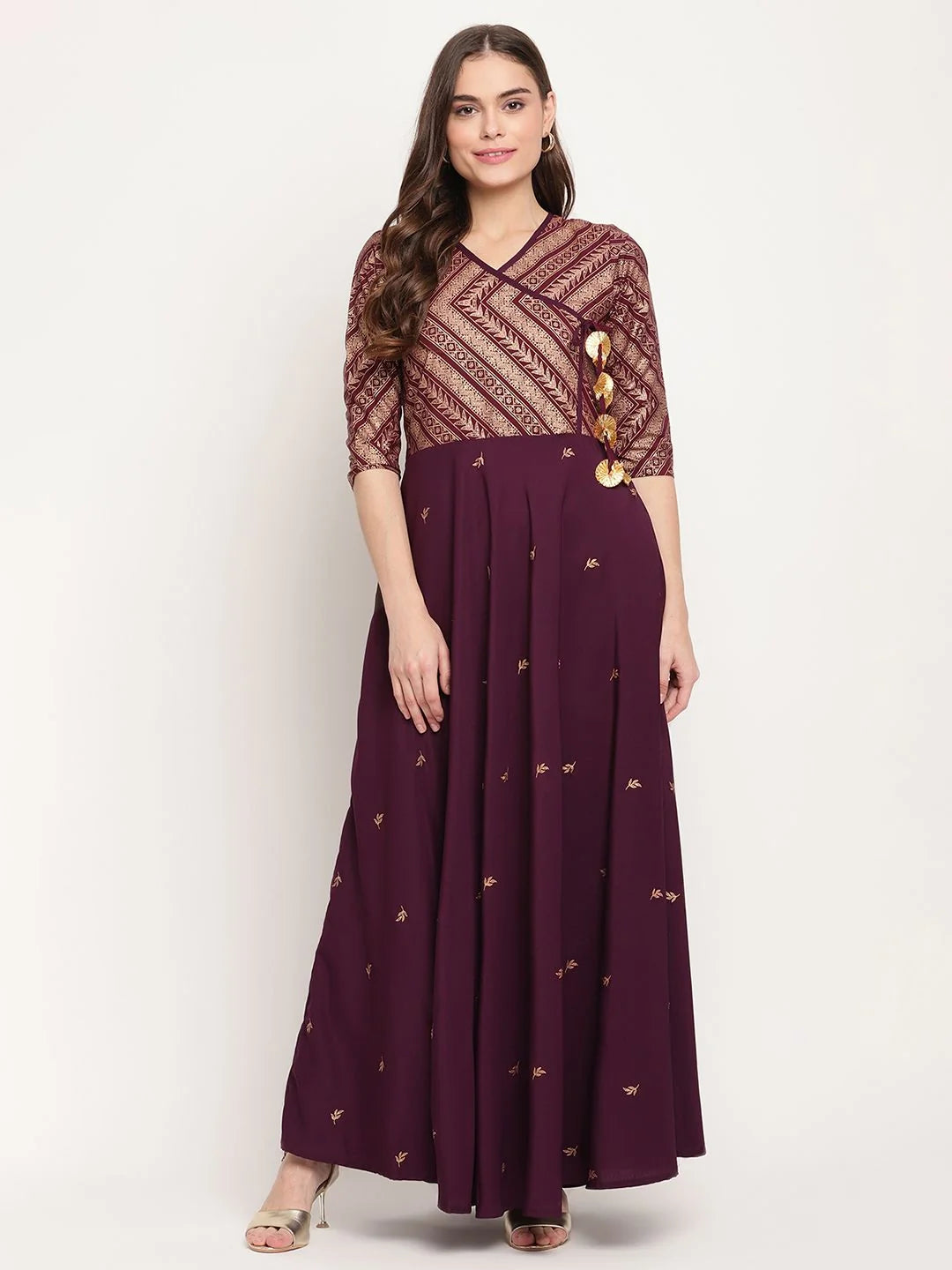 Wine Glitter Print Indian Kurta: Festive Kurtis for Ladies