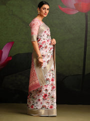 Women's  Blend White Printed Celebrity Saree With Blouse Piece-FLWRVELY103
