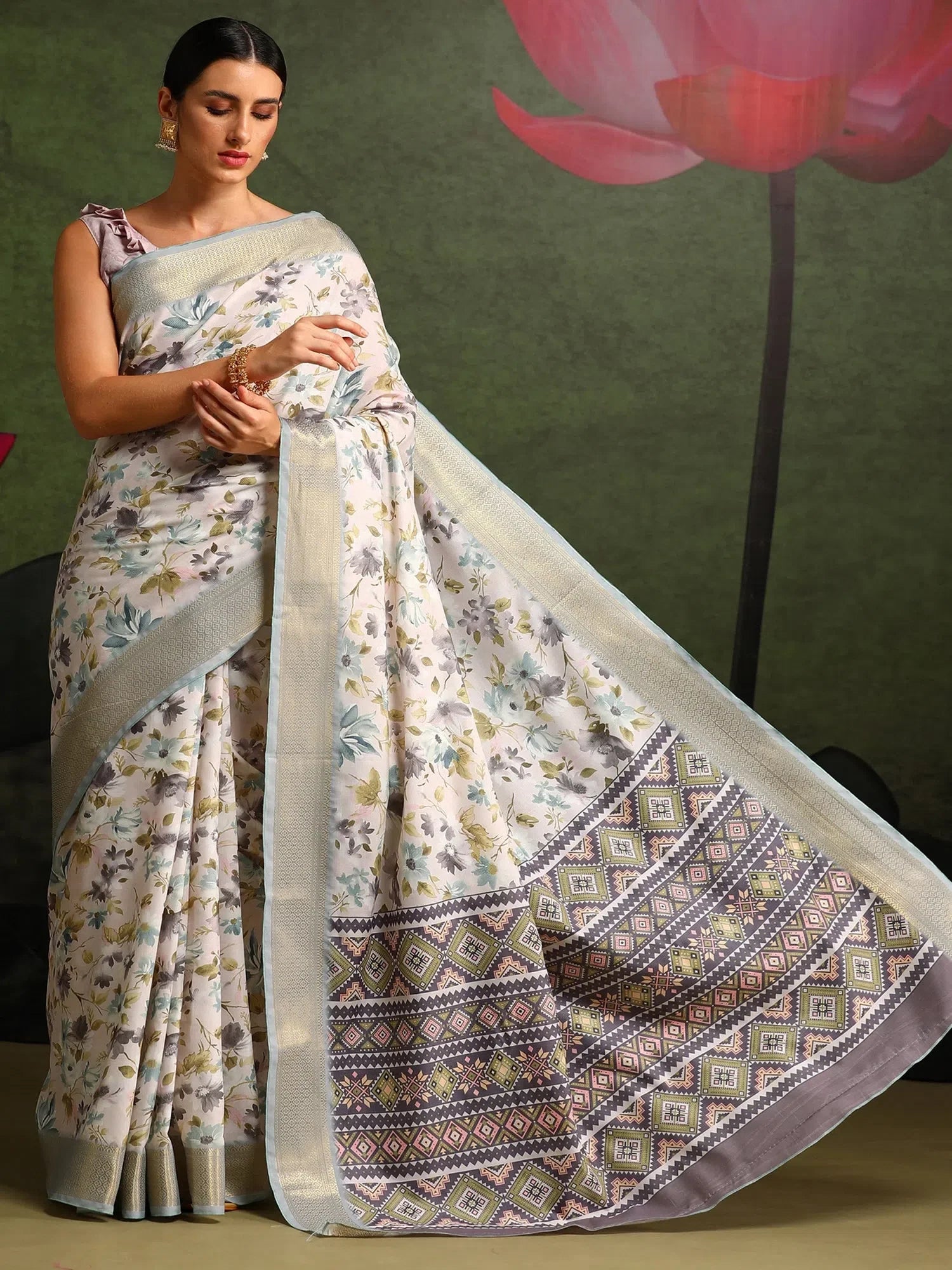 White Printed Saree - Indian Sarees for Women
