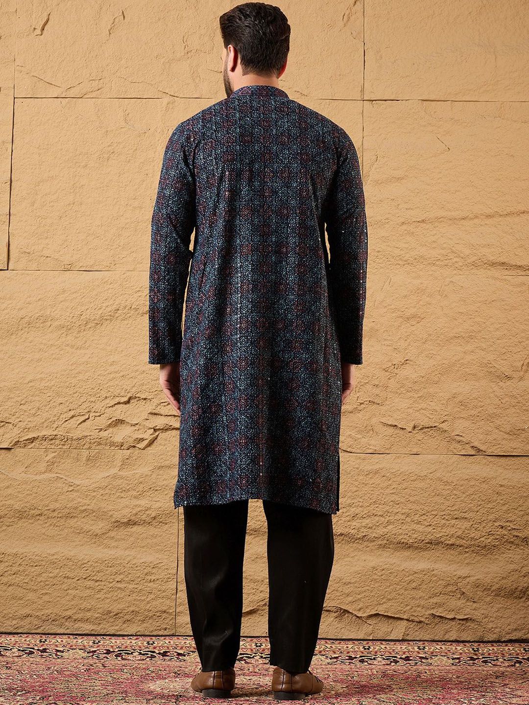 Ethnic Bay Mens Blue Viscose Rayon Abstract Embroidered Chikankari Straight Kurta With Pant Set-MKSET1172